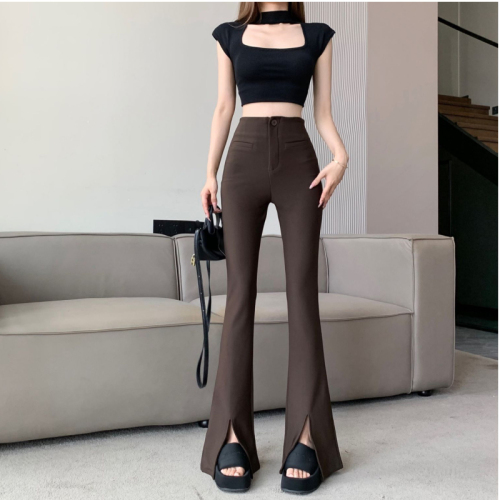 Brown slightly flared trousers for women in early autumn new high-waisted slit slim slim horse hoof pants casual suit trousers