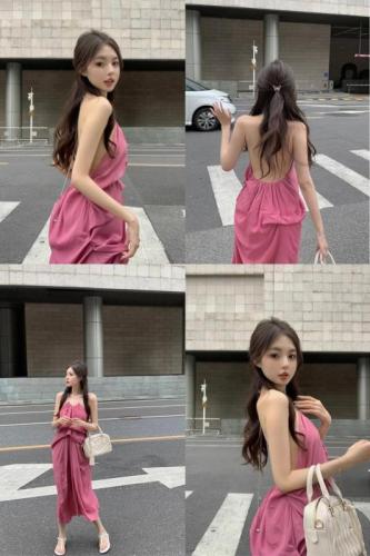 Real shot and real price summer pink backless halterneck suspender dress for women French style sexy resort style long dress