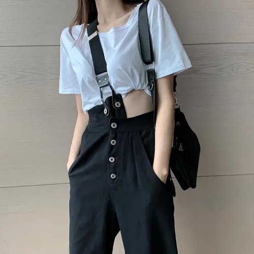 White one-shoulder denim overalls for women Korean style loose straight wide leg long pants spring 2024 new fashion trend