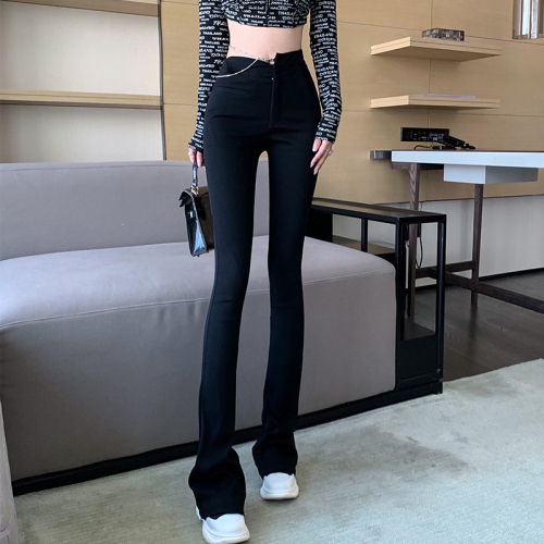 Actual shot of 2024 new black asymmetrical bell-bottom pants for women, high-waist casual, floor-length mopping horseshoe pants