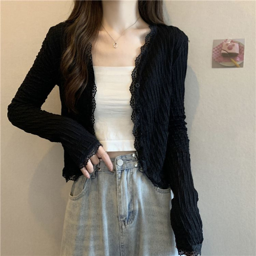 2024 Summer Outerwear V-neck Lace Versatile Sunscreen Knitted Cardigan for Women