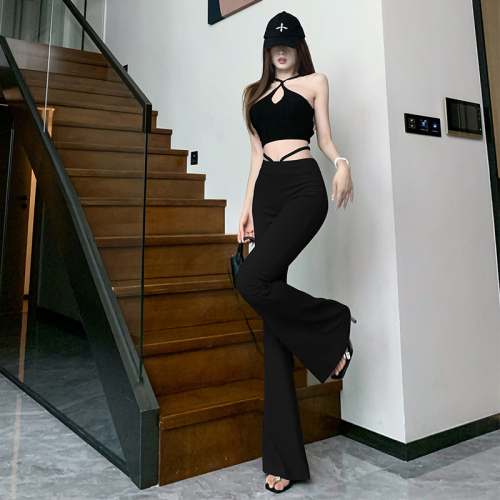Summer thin high-waisted personalized slightly flared slanted belt hottie pants slimming slightly elastic commuting casual suit pants