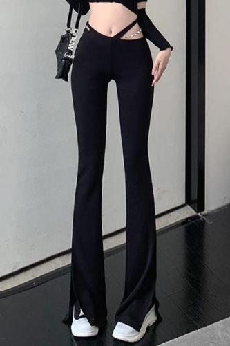 Fashion new black chain hollow slit micro-flared pants for women 2024 early spring sexy slimming horseshoe trousers