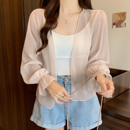 Quality inspection real shot sun protection clothing women's cardigan thin small outer trumpet long-sleeved waistcoat blouse shawl