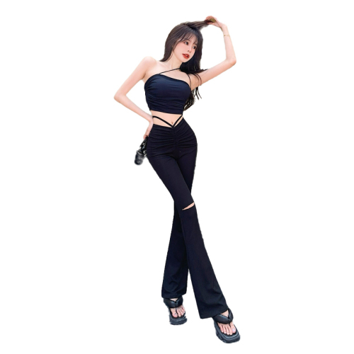Fashionable strappy suit pants for women, designer hollow high-waisted pants, elastic tight-fitting ripped casual floor mopping pants