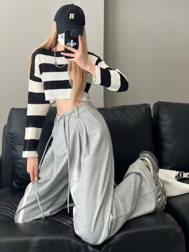 2024 Spring and Summer New Gray Sports Pants Women's High Waist Wide Leg Straight Casual Loose Drawstring American Style Sweatpants