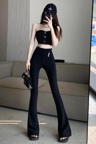 Niche design oblique waist sealing diamond button micro-flare pants for women spring and summer new black slimming versatile casual pants and trousers