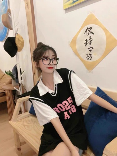 Basketball clothing women's summer ins trendy short-sleeved fake two-piece tops new American style loose design T-shirt