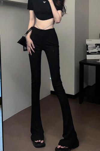 2024 new design chain embellished low-waist horseshoe trousers slim casual slimming boot-flare trousers