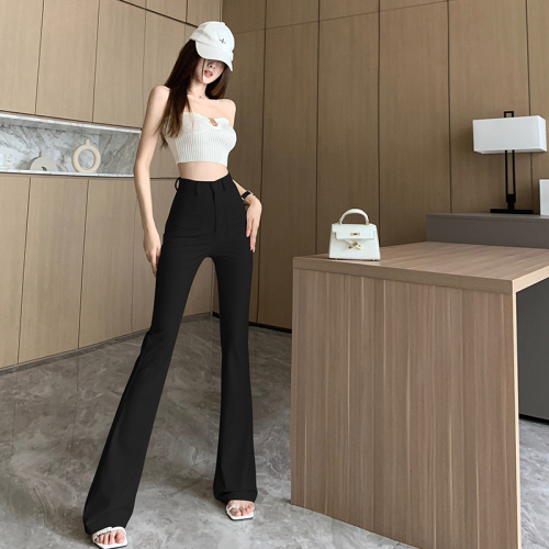 Tall, elongated, slightly flared suit trousers for women, summer thin, hip-raising, high-waisted, elastic, slim, casual, floor-length flared trousers