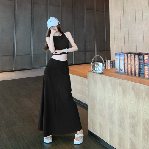 Casual suit for hot girls with contrasting color sleeveless vest summer niche skirt A-line long skirt two-piece set