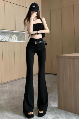 Spring and summer new design fashionable and slim black high-waisted straight narrow wide-leg flared pants with belt for women