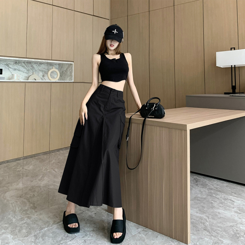 Early autumn personality, handsome workwear skirt, women's summer niche sweet and cool style, high waist, slimming and versatile A-line long skirt