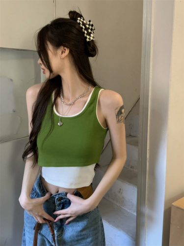 Hot girl design fake two-piece sports vest for women in summer niche green outer wear short bm navel suspender top