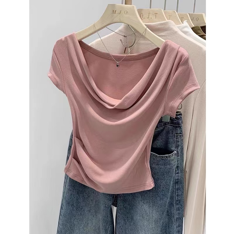 Designed swing collar slim fit stretch short-sleeved T-shirt women's summer new hot girl short top women's trendy
