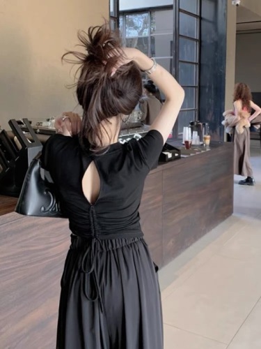Hot girl backless drawstring design short-sleeved black t-shirt women's new summer design slimming short top