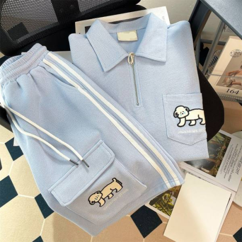 Original quality college style waffle puppy polo collar student sports loose chic casual suit