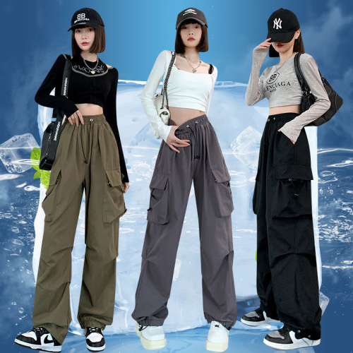 Official picture of wide-leg pants for women in spring and summer, niche design, loose and slimming, high-street multi-pocket straight overalls