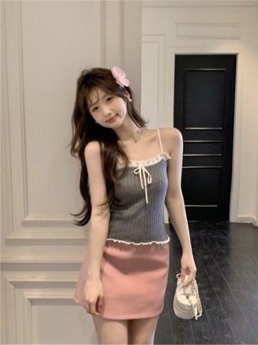 Gray bow camisole women's summer 2024 new sweet hot girl slim fit inner short top