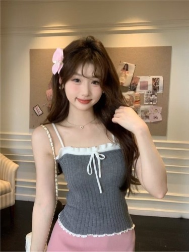 Gray bow camisole women's summer 2024 new sweet hot girl slim fit inner short top