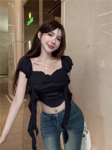 Xia Chunyu white one-shoulder satin patchwork shirt women's short slim fit off-shoulder niche chic top
