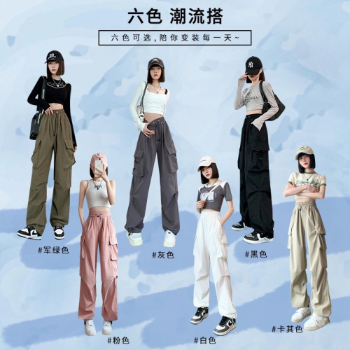 Official picture of wide-leg pants for women in spring and summer, niche design, loose and slimming, high-street multi-pocket straight overalls
