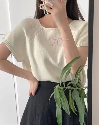 Korean chic summer gentle temperament bow print contrast color loose thin short-sleeved knitted top