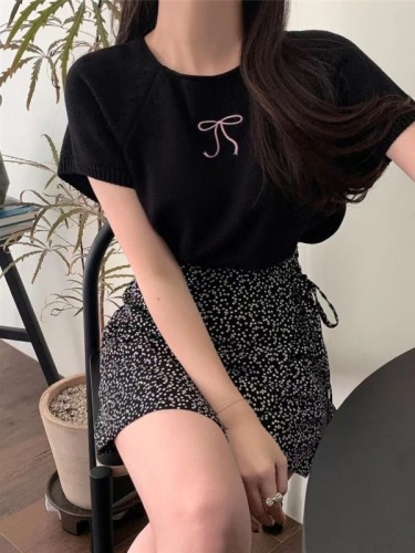 Korean chic summer gentle temperament bow print contrast color loose thin short-sleeved knitted top