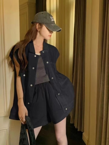 Spot new summer Korean style lapel sleeveless cardigan + high waist wide leg shorts casual suit for women