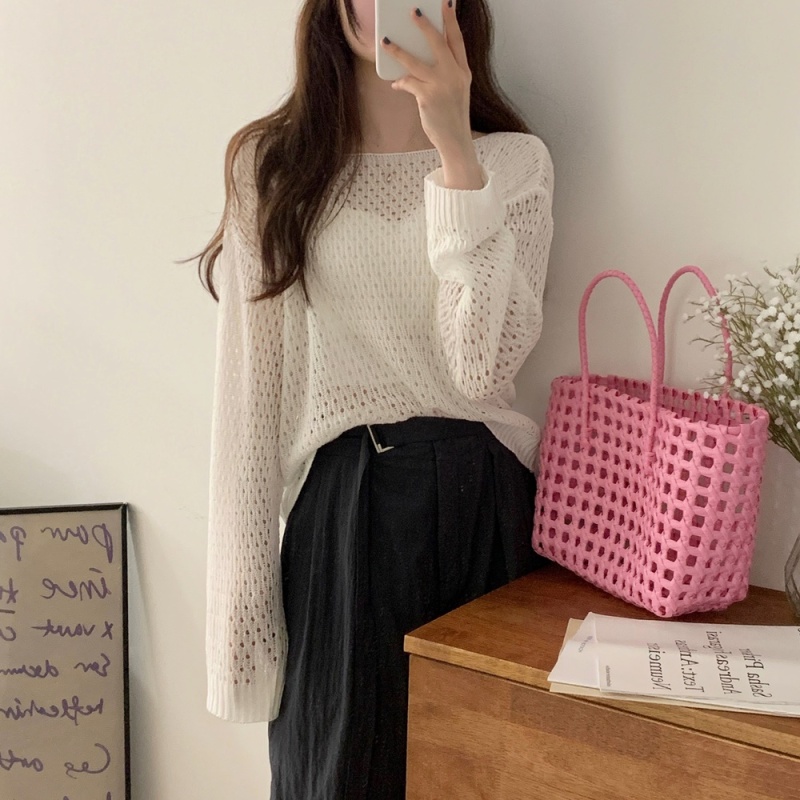 Original Korean style loose hollow sweater mesh linen perforated mesh round neck sweater thin sun protection long-sleeved blouse