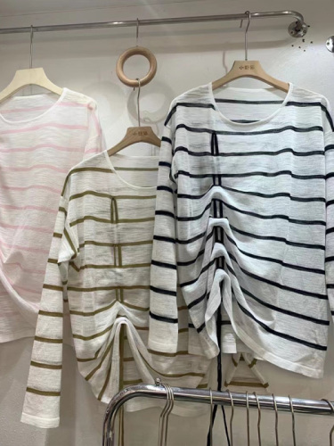 Hong Kong style retro striped sweater for women early spring thin loose ice silk long-sleeved sun protection blouse T-shirt Korean top