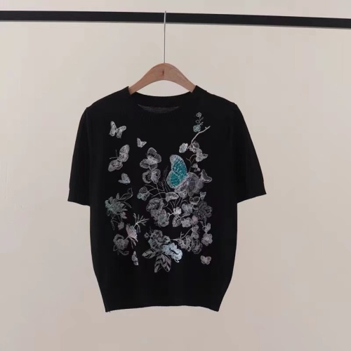 2024 summer new round neck pullover butterfly plant embroidery black and white knitted top women's t-shirt