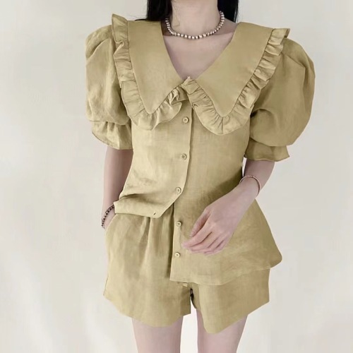 Spot Korean chic summer new French doll collar shirt + shorts two-piece suit