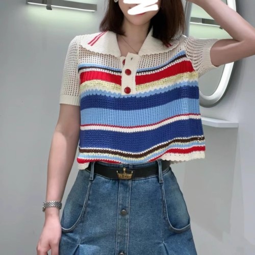 Zhuojia French Sweet Lapel Hollow Rainbow Stripe Contrast Color Short Sweatshirt Temperament Age-Reducing Top Summer