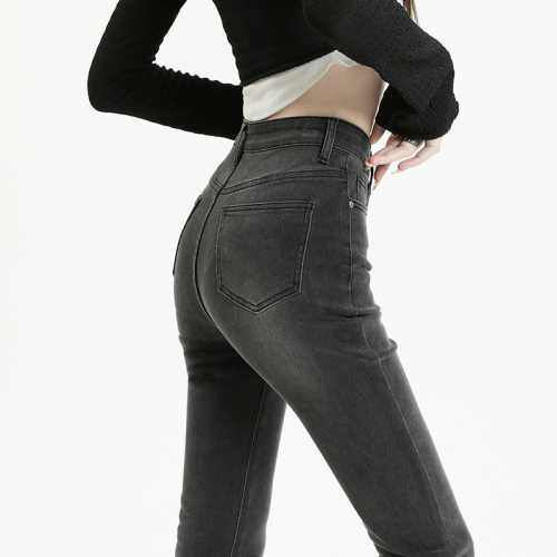 Gray bootcut jeans for women in spring and autumn, high-waisted slim horse hoof pants for small people, slim fit stretchy raw edge flared pants