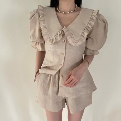 Spot Korean chic summer new French doll collar shirt + shorts two-piece suit