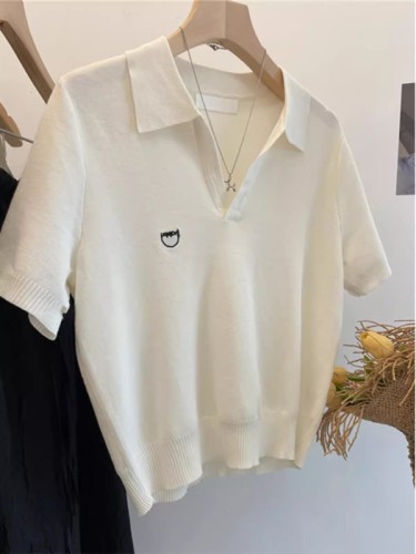 Polo lapel letter embroidered sweater short-sleeved women's 2024 summer new all-match casual top for small people