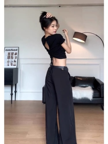 Hot girl backless drawstring design short-sleeved black t-shirt women's new summer design slimming short top
