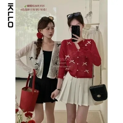 Korean style bow versatile knitted cardigan for women summer new thin long-sleeved design top sun protection shirt