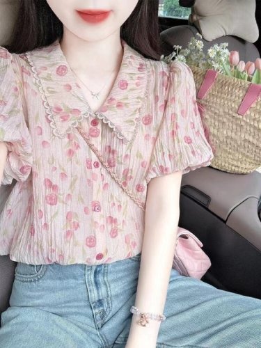 French design, beautiful pink floral shirt, women's summer unique and unique age-reducing shirt, short shirt for small people