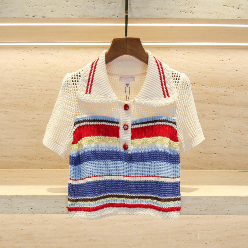 Zhuojia French Sweet Lapel Hollow Rainbow Stripe Contrast Color Short Sweatshirt Temperament Age-Reducing Top Summer