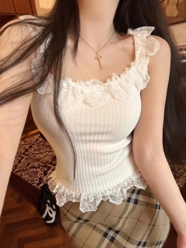 Multi-color hot girl knitted camisole women's spring and summer pure lust style sexy lace splicing slim short style inner wear