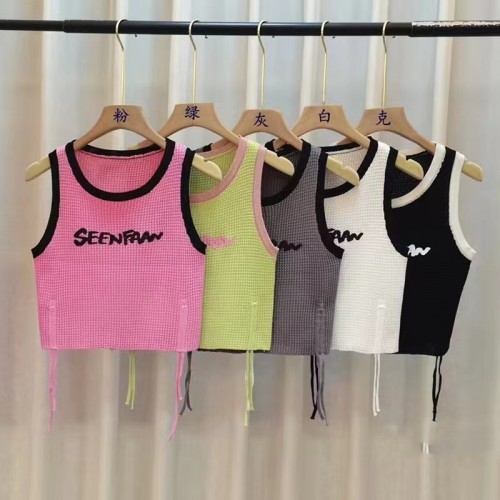SEENFAAN blooming knitted vest drawstring design summer new contrast color hemmed texture camisole