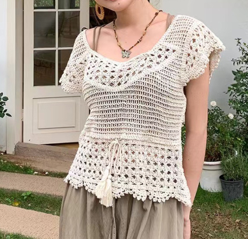 New design niche sweet lace crochet hollow chiffon shirt women's chic shirt top