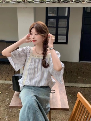 Korean style summer striped lace short-sleeved loose square collar casual shirt fashionable design casual shirt for women