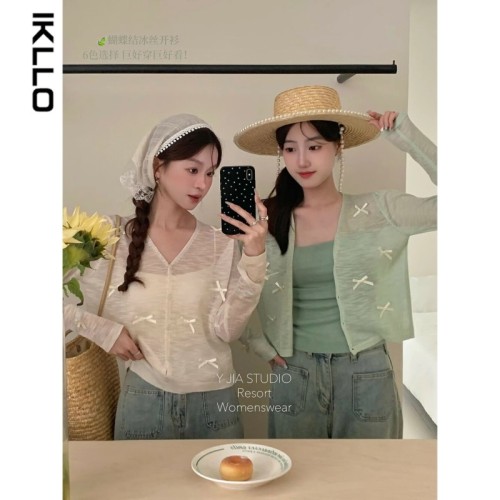 Korean style bow versatile knitted cardigan for women summer new thin long-sleeved design top sun protection shirt