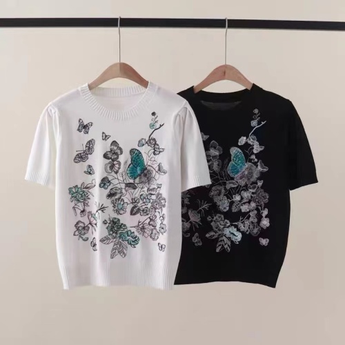 2024 summer new round neck pullover butterfly plant embroidery black and white knitted top women's t-shirt