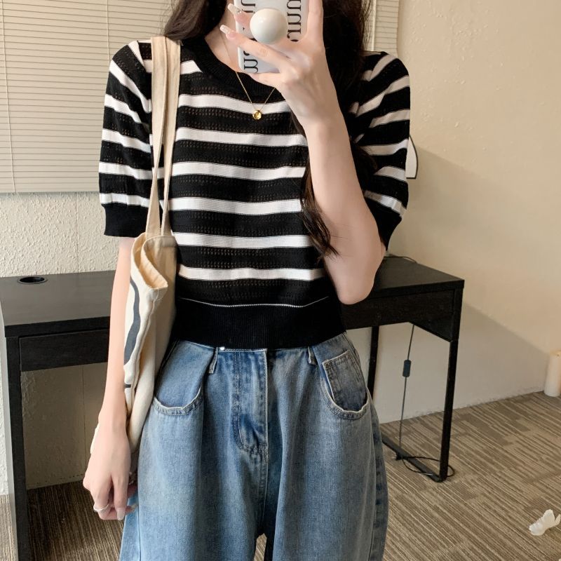 Summer Thin Hollow Ice Silk Sweater Striped Right Shoulder Short Sleeve T-Shirt Women's Waist Cropped Top