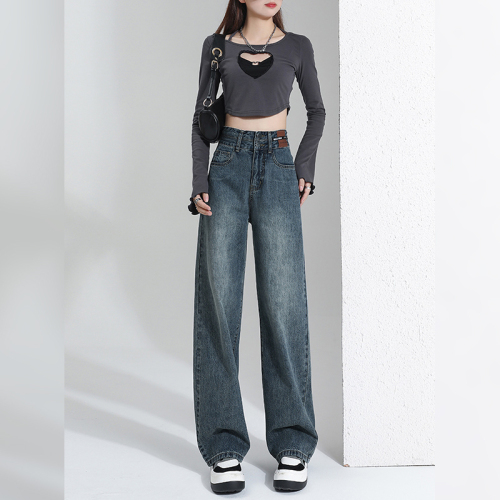 American High Street Straight Jeans for Women Spring and Autumn 2024 New Small Retro High Waisted Wide Leg Casual Pants