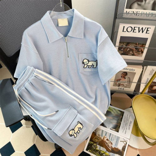 Original quality college style waffle puppy polo collar student sports loose chic casual suit
